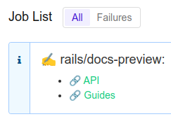 Buildkite rails/docs-preview annotation API & Guides links